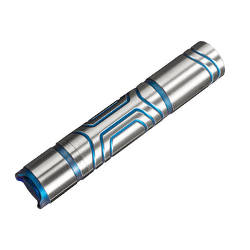 A tactical flashlight made of titanium alloy with blue accents, showing a micro USB charging port.